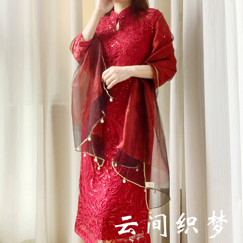 真丝丝巾女长款红色春秋夏季桑蚕丝民族风旗袍喜婆婆披肩外搭围巾