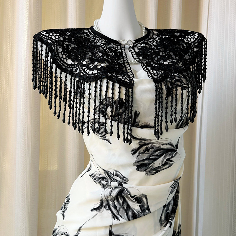 百搭蕾丝气质珍珠流苏云肩古风串珠明制汉服旗袍披肩外搭新中式