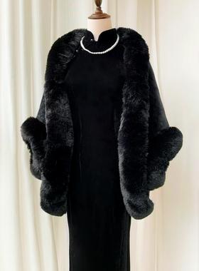 黑色披风百搭复古文艺气质大毛领旗袍披肩外搭带袖斗篷外套女春秋