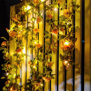 太阳能仿真玫瑰花藤灯串户外防水装饰阳台栏杆庭院花园栅栏氛围灯