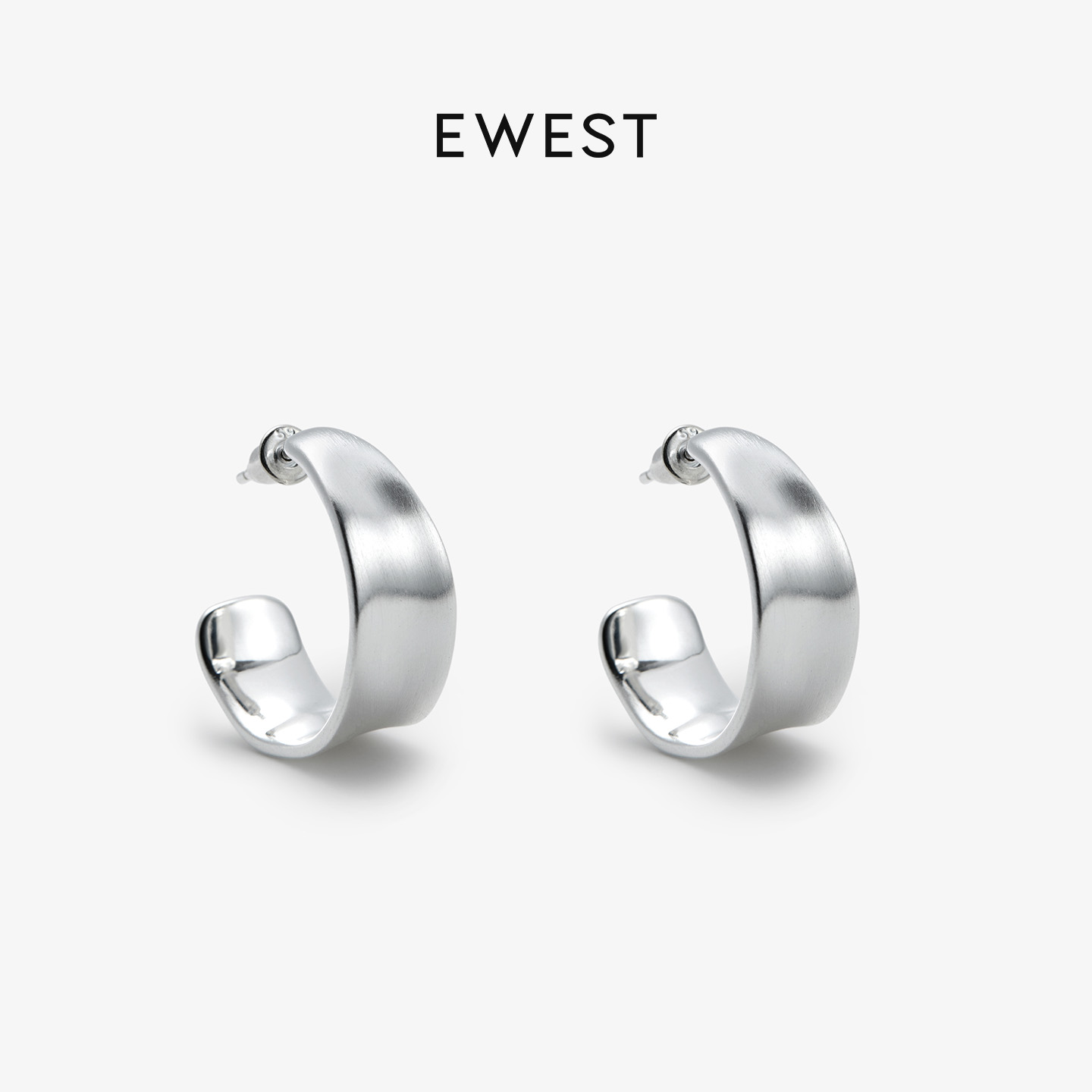 ewest 新款素银拉丝不规则中耳圈设计女气质圈圈耳环高级小众耳钉