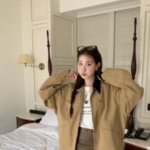 大码秋季微胖妹妹MM复古风设计感休闲翻领撞色长袖短外套女上衣潮