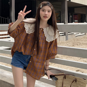 大码女装胖妹妹mm夏季复古宽松百搭格纹拼接撞色双层长袖衬衫上衣