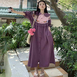 大码胖妹妹mm宽松夏季学院风刺绣蕾丝花边拼接娃娃领短袖连衣裙女