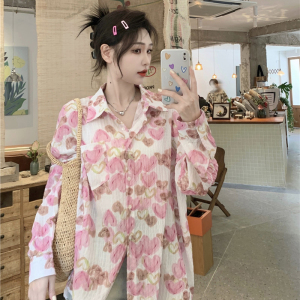 大码胖妹妹mm宽松夏季时尚中长款粉色爱心薄款防晒长袖衬衫女上衣