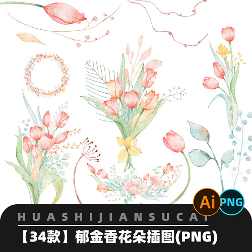 P029手绘水彩郁金香花束插图装饰元素PNG免抠图贴纸剪贴画素材