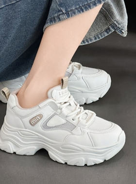 时代印象真皮网面老爹鞋女2025春款小白鞋25193软中跟系带休闲鞋