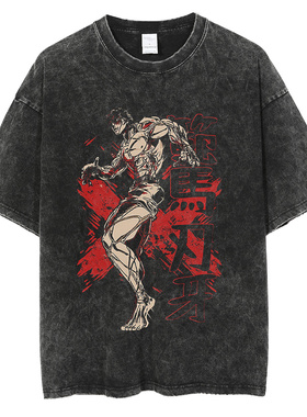 Baki Hanma男女复古水洗做旧纯棉T恤上衣休闲oversize形男上衣潮T