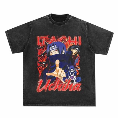 Naruto男水洗做旧复古T恤日本动漫火影忍者Harajuku原宿街头上衣