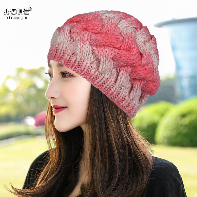 手工帽单层毛线帽子女镂空网眼针织帽套头帽画家帽渐变色贝雷帽子