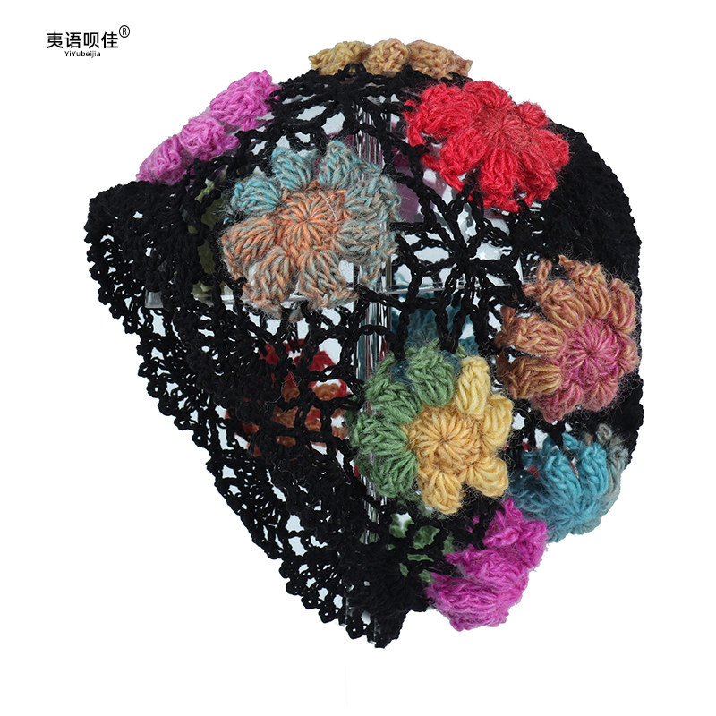 女士帽子单层针织帽薄款包头帽渐变色花朵帽手工钩花帽透气套头帽