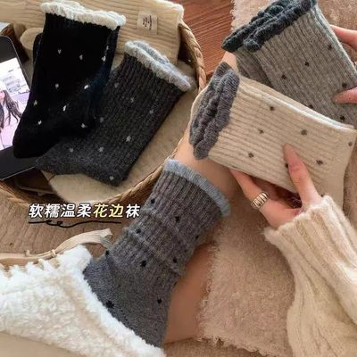 波点羊毛袜子女中筒袜春秋