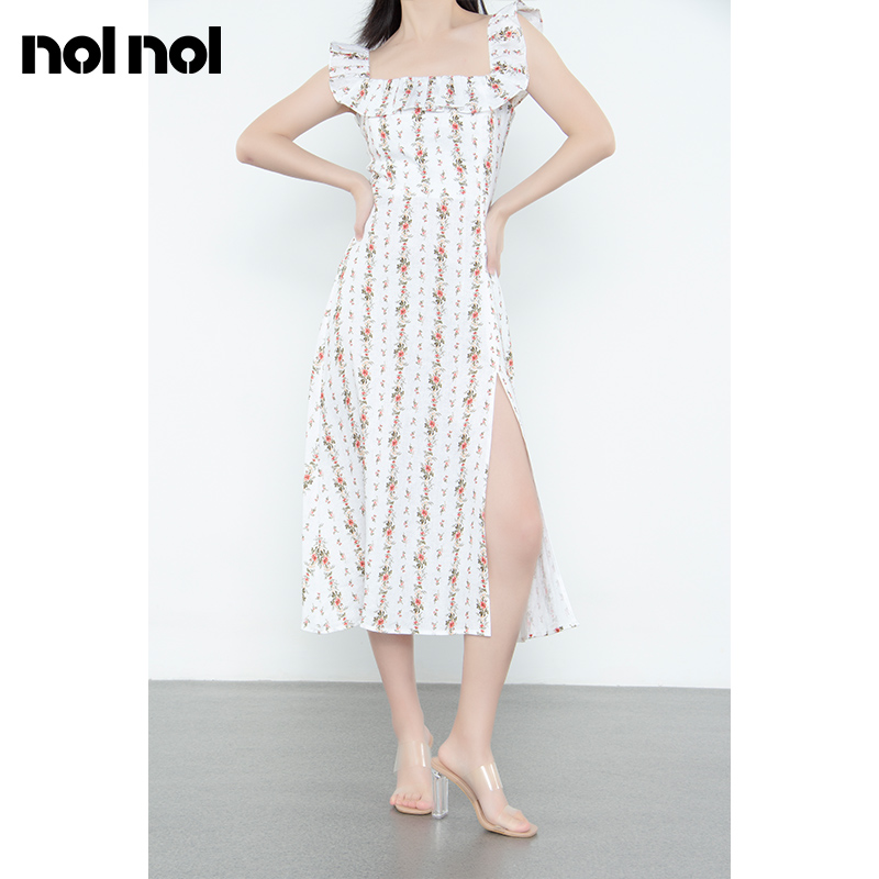 nolnol法式复古小碎花连衣裙新款设计感小众方领赫本风吊带裙女夏
