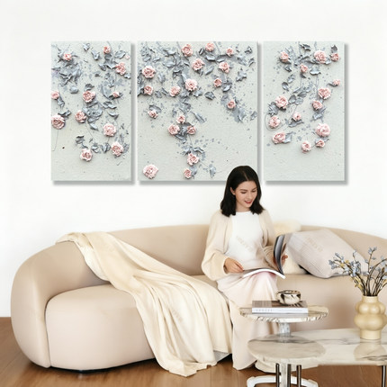 奶油风玫瑰花三联画客厅装饰画现代简约壁画花卉挂画