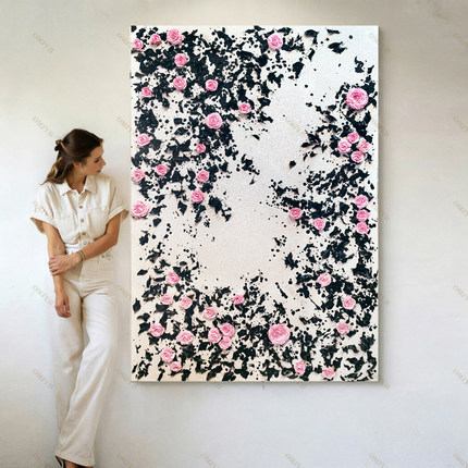 手绘风花卉油画挂画客厅玄关卧室装饰画黑白粉玫瑰抽象艺术画