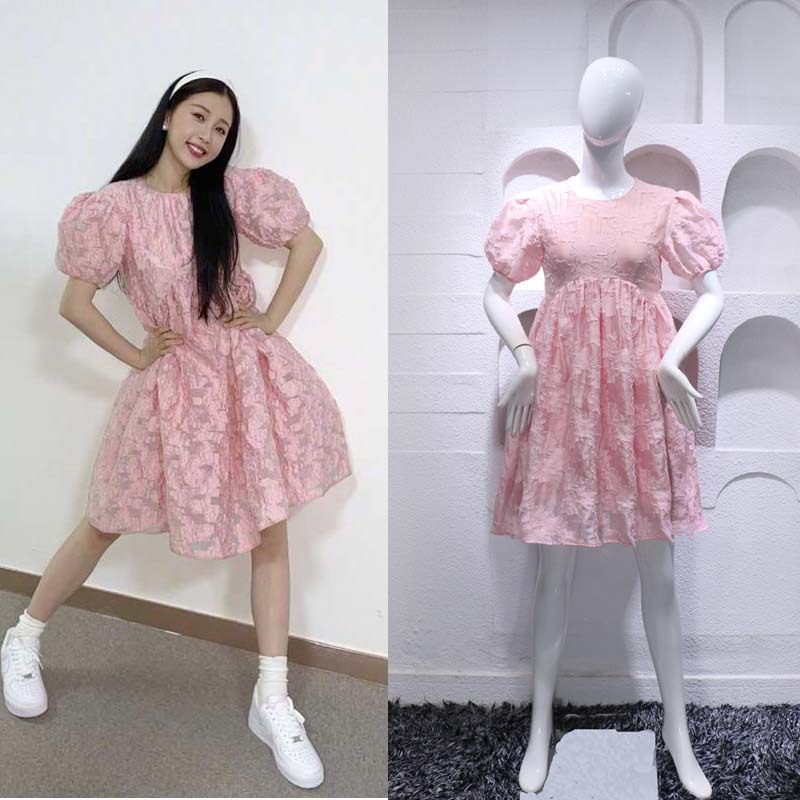 2020春夏虞书欣同款粉色泡泡袖连衣裙女宽松显瘦a字蓬蓬娃娃短裙