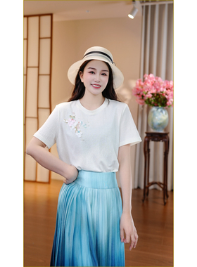 【MISSMIER】夏季百搭 纯手工钉珠棉麻锦鲤T恤