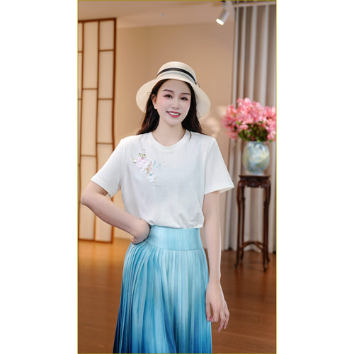 【MISSMIER】夏季百搭 纯手工钉珠棉麻锦鲤T恤