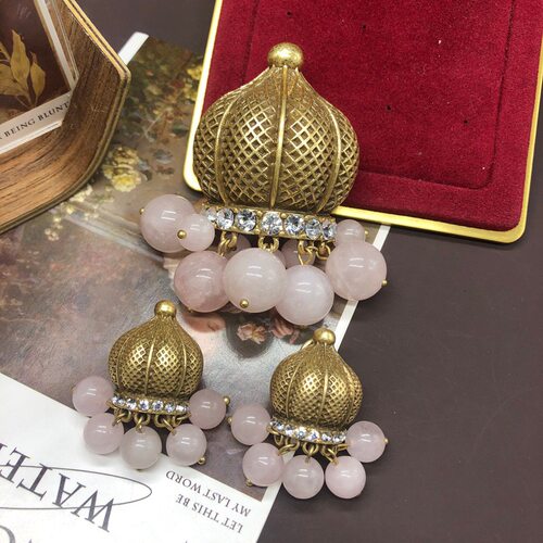中古回流做旧金粉晶绿松石琉璃珍珠吊坠胸针耳钉套气质百搭别针女
