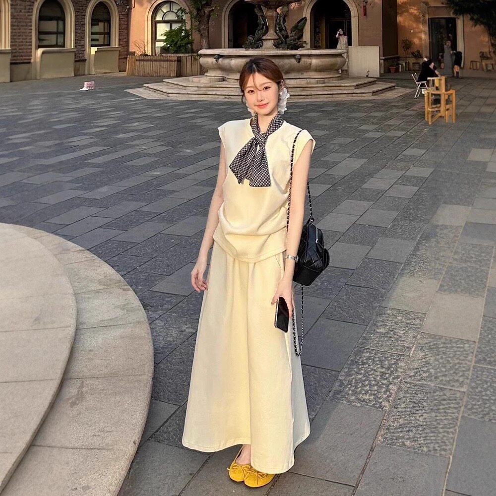 爱依轩 无袖纯色套装女宽松遮肉无袖上衣高腰垂感长裙通勤两件套