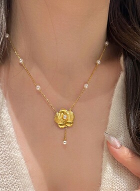 新中式复古时尚气质拉丝蝴蝶兰珍珠项链流苏奢华精致高级感锁骨链