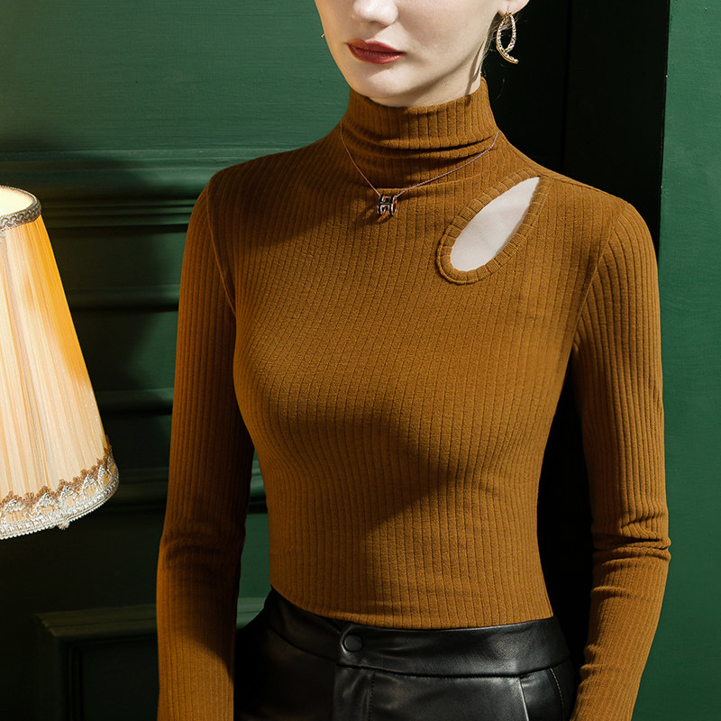 小高领竖条纹磨毛打底衫女洋气