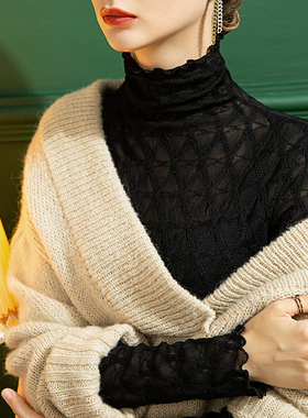 2026秋季高领蕾丝T恤女加绒格子秋冬内搭加绒黑色女装洋气上衣