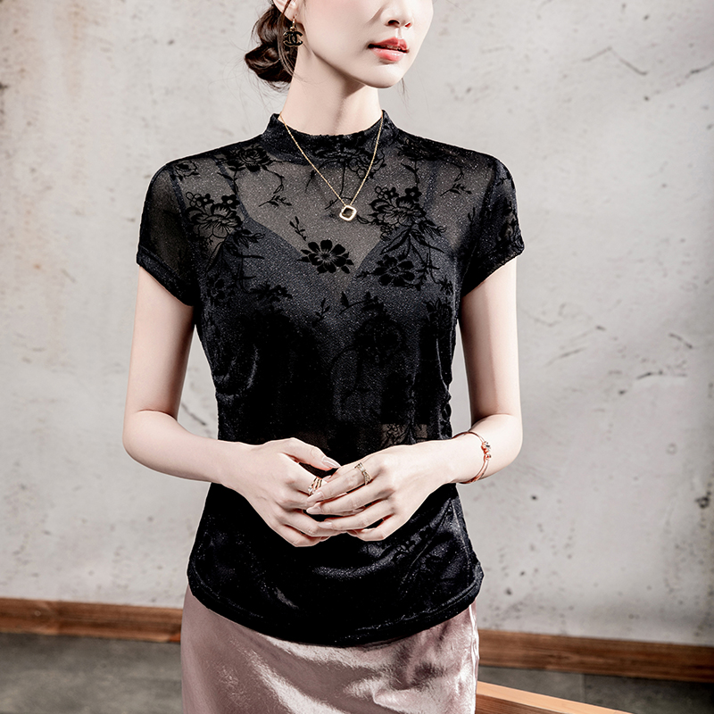 立领花朵植绒T恤女短袖网纱透视女装性感2025秋季新款亮丝上衣