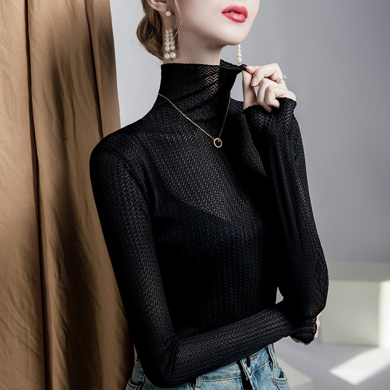 高领蕾丝上衣女2026秋季新款几何纹性感t恤显瘦洋气纯色打底衫