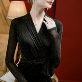 T恤小衫 亮丝V领网纱绑带上衣女修身 褶皱拼接洋气女装 新款 2026春季