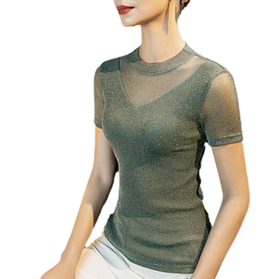 2026春季新款亮丝网纱T恤女修身春款性感洋气镂空女装韩式上衣