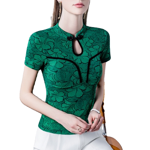 新中式立领印花蕾丝T恤女短袖2025秋季修身盘扣镂空女装淑女上衣