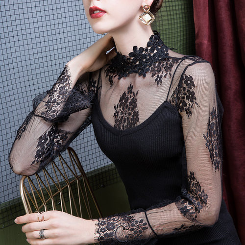 秋季立领蕾丝内搭网纱欧货打底衫