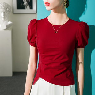 T恤女短袖 纯色女装 修身 新款 上衣 褶皱不规则设计2025秋季 泡泡袖