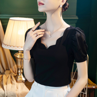 新款 上衣小衫 黑色棉tV领T恤女短袖 设计感女装 泡泡袖 2025夏季