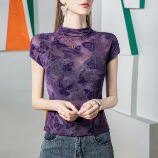 韩式 包袖 女装 蝴蝶提花半高领网纱T恤女短袖 小衫 新款 薄款 2026春季