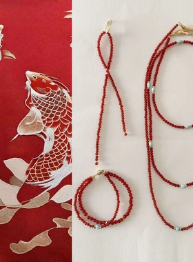 新年红天然石串珠项链手链耳饰创意小众设计红玛瑙绿松石毛衣链