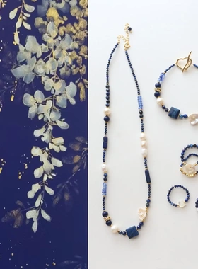 手工饰品国风青金石天然石串珠项链淡水珍珠锁骨链手链戒指合集