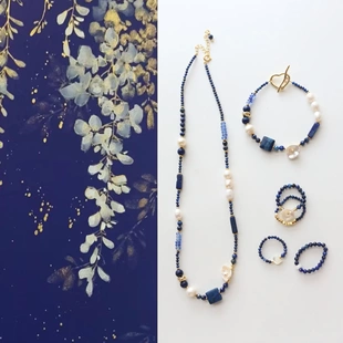 手工饰品国风青金石天然石串珠项链淡水珍珠锁骨链手链戒指合集