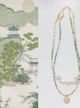 水墨色彩天然天河石渐变工艺再生花瓣珠创意串珠项链铜包18k金