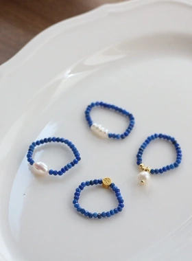 原创手作纯欲风蓝色青金石淡水珍珠戒指女冷淡风简约细款串珠指环