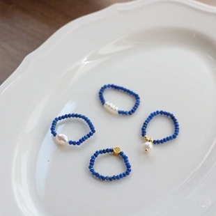 原创手作纯欲风蓝色青金石淡水珍珠戒指女冷淡风简约细款串珠指环