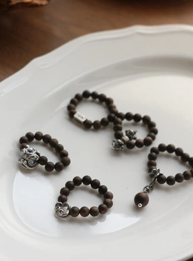 新中式沉香木珠醒狮金刚杵祥云戒指原创复古暗黑系手工串珠指环