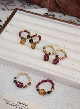 捷克珠咖啡豆耳钉戒指个性老钱风油画色彩截止弹力指环