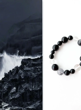 黑爆闪闪灵钻黑玛瑙手串原创设计 白水晶手作串珠手链