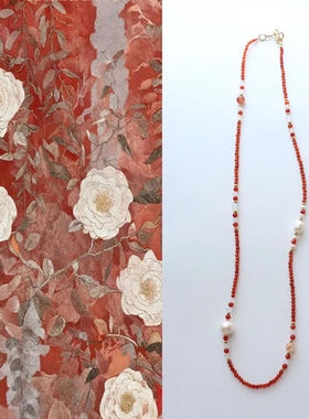 国风创意手工红玛瑙毛衣链红胶花串珠项链原创设计复古百搭长颈链