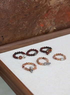 国潮民族风黑金超七发晶戒指原创设计手作ins风百搭个性串珠指环