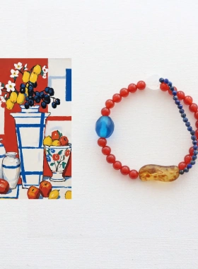 蒙德里安配色手串古董琉璃珠玛瑙三原色串串青金石手链同款