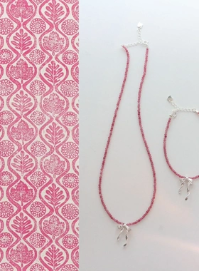 【925银蝴蝶结锁骨链】天然极细2mm粉碧玺串珠项链手链套装女甜美