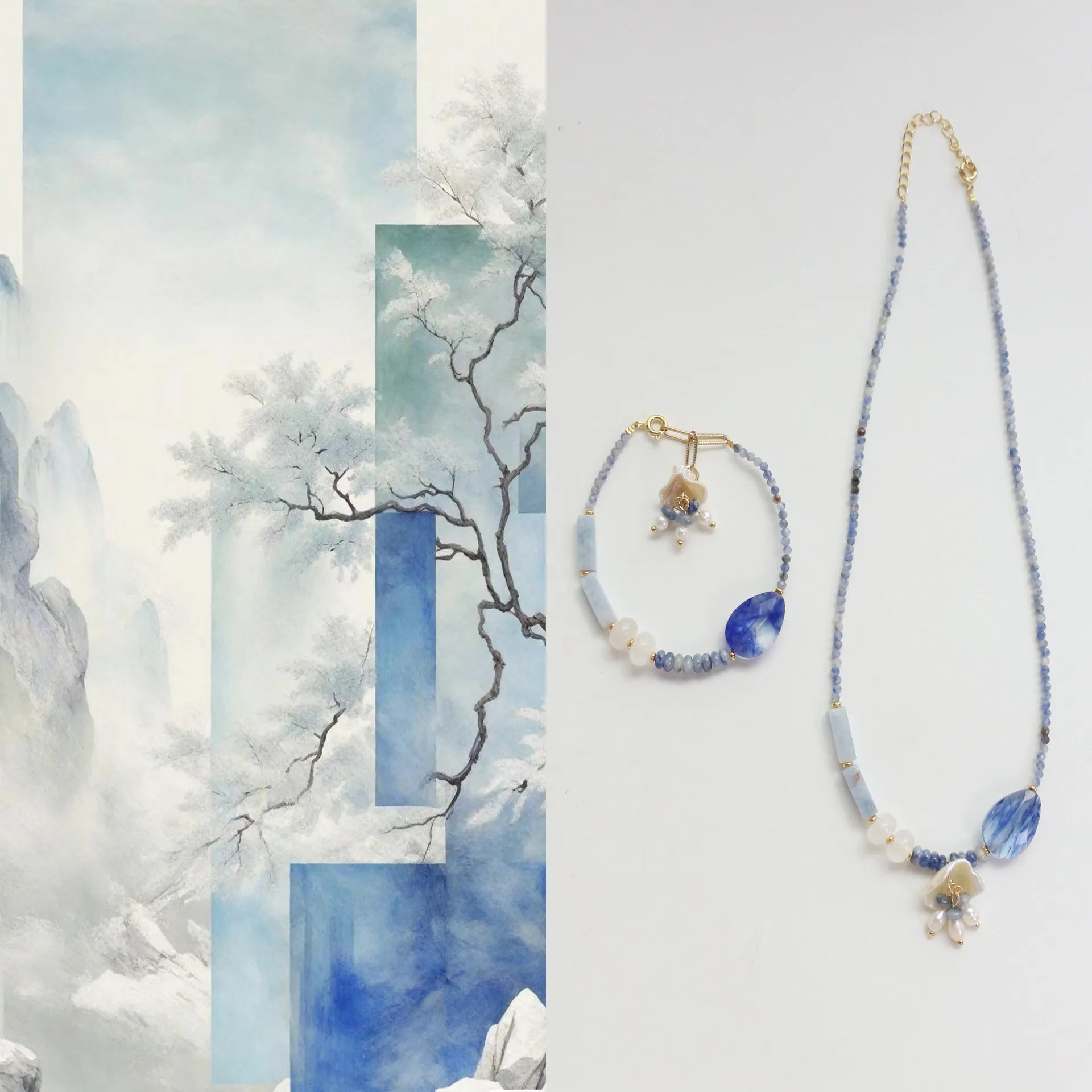森系复古烟雨江南蓝如画手工串珠项链手链清新天然石锁骨链手串